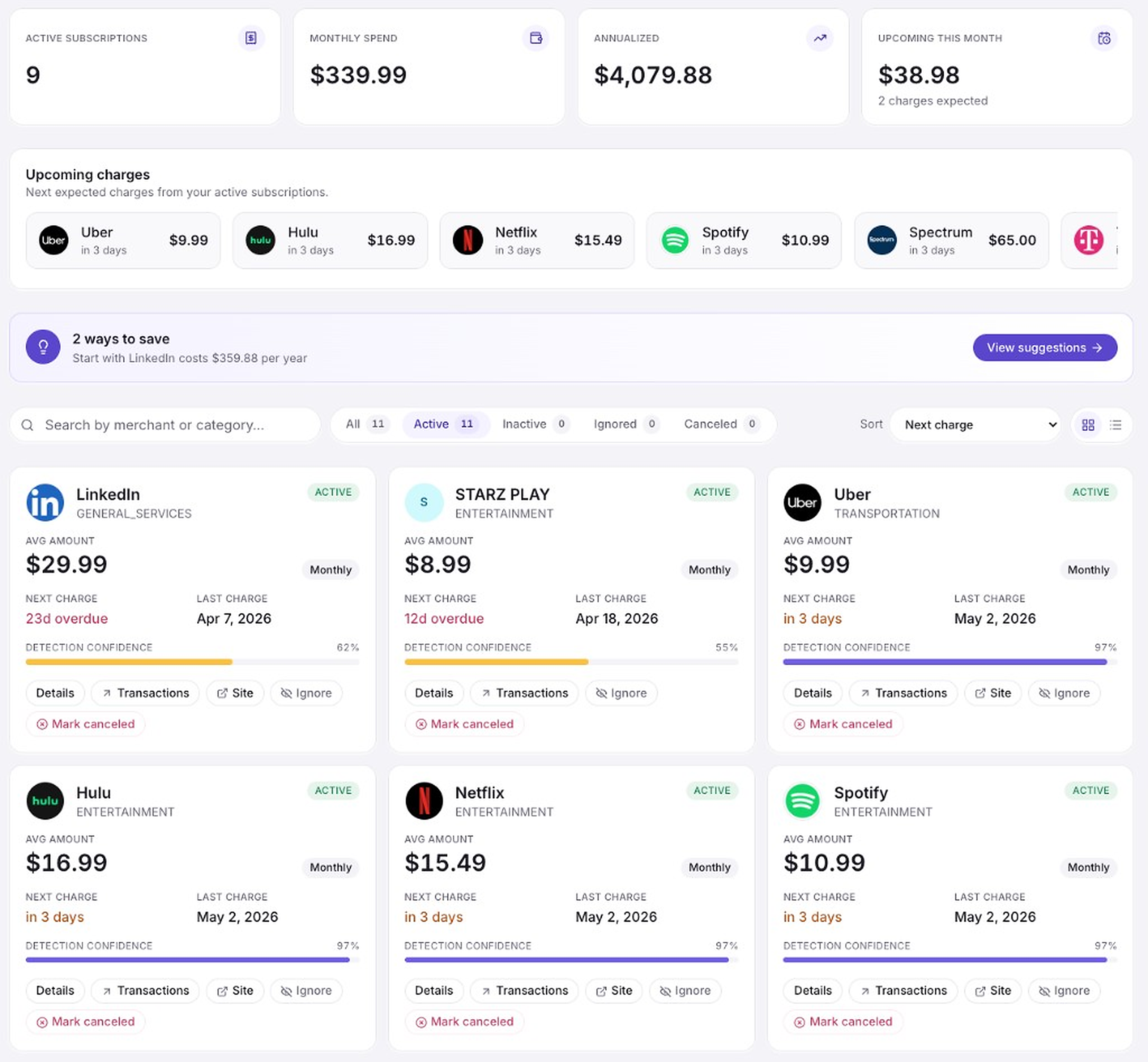 OnlyPlans subscriptions dashboard showing active subscriptions, monthly spend, upcoming charges, and savings suggestions